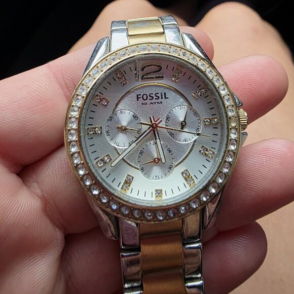 Fossil Women ES2521 Riley Silver Dial Multifunction Pave Bezel Quartz Watch 7" - Picture 13 of 14